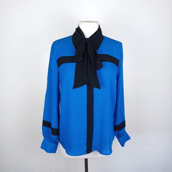 NY&C Women's Blouse Bow Front Long Sleeve Colorblock Blue Black Size Medium - Picture 2 of 7